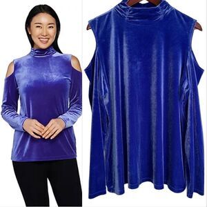 Susan Graver Womens‎ XL Bold Blue Velvet Stretch Mock Neckline Cold Shoulder Top